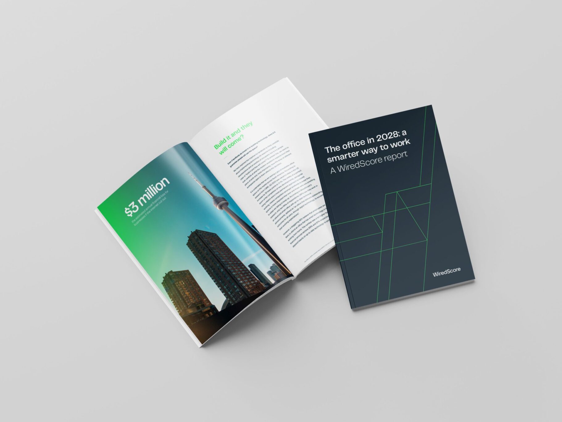 The front cover and inside spread of WiredScore's research report.